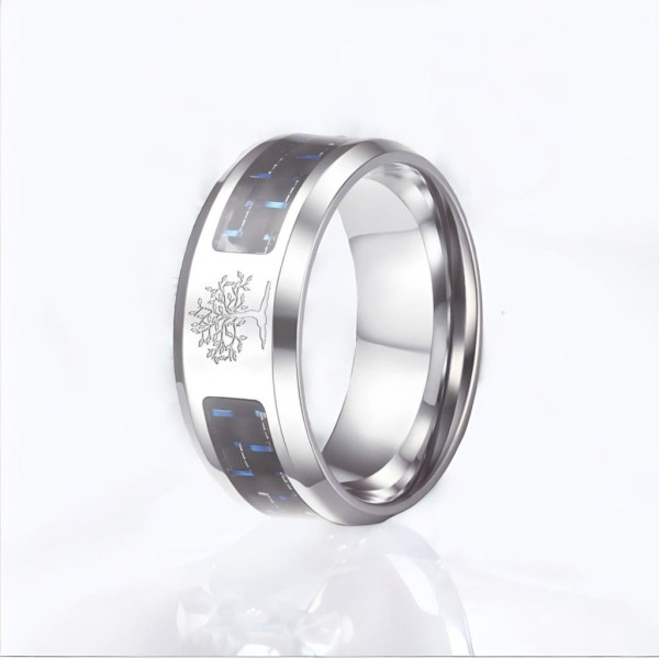 Anello personalizzato da uomo in acciaio fibra di carbonio albero della vita