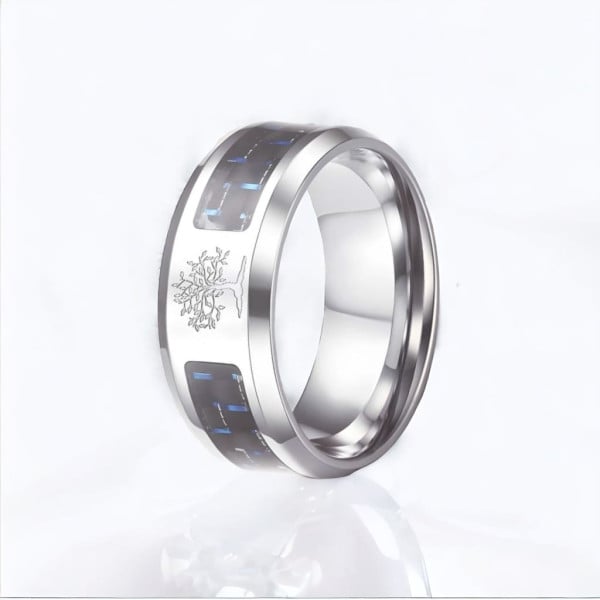 Gepersonaliseerde ring voor mannen, levensboom gemaakt van staal en koolstofvezel