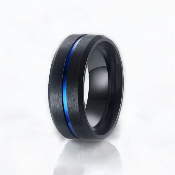 Anello da uomo in acciaio nero, anello spazzolato, linea blu da incidere