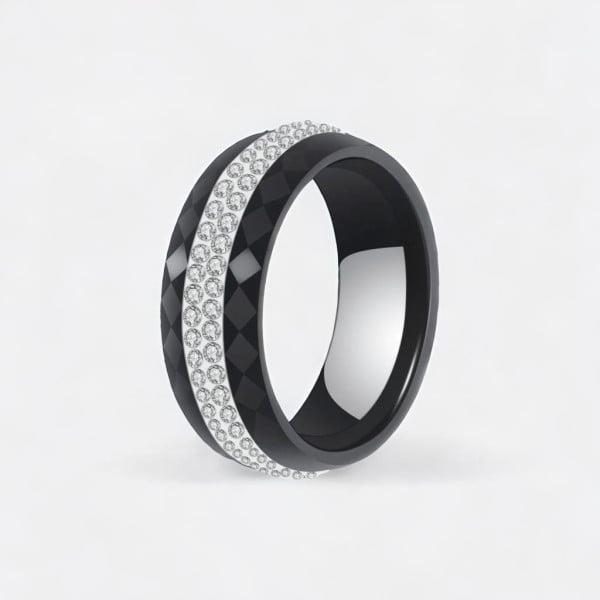 Bague ceramique noire femme multi-facette ligne zirconium