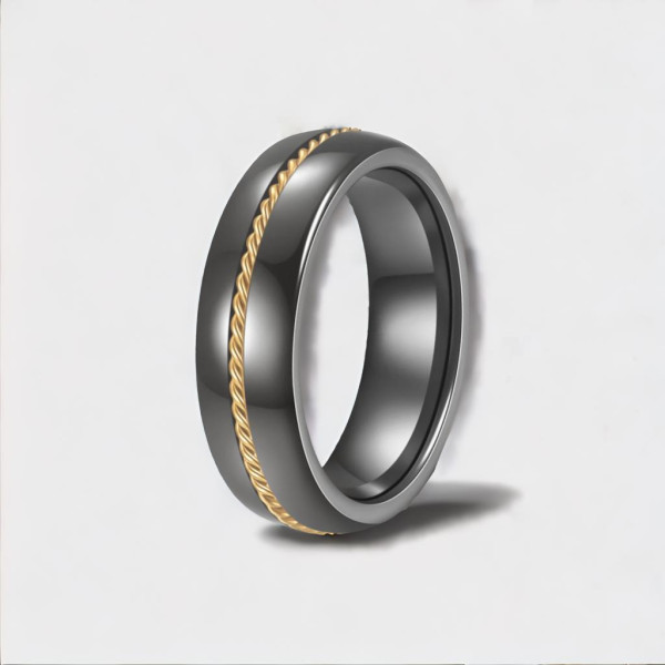 Anillo cerámico cúpula línea acero oro