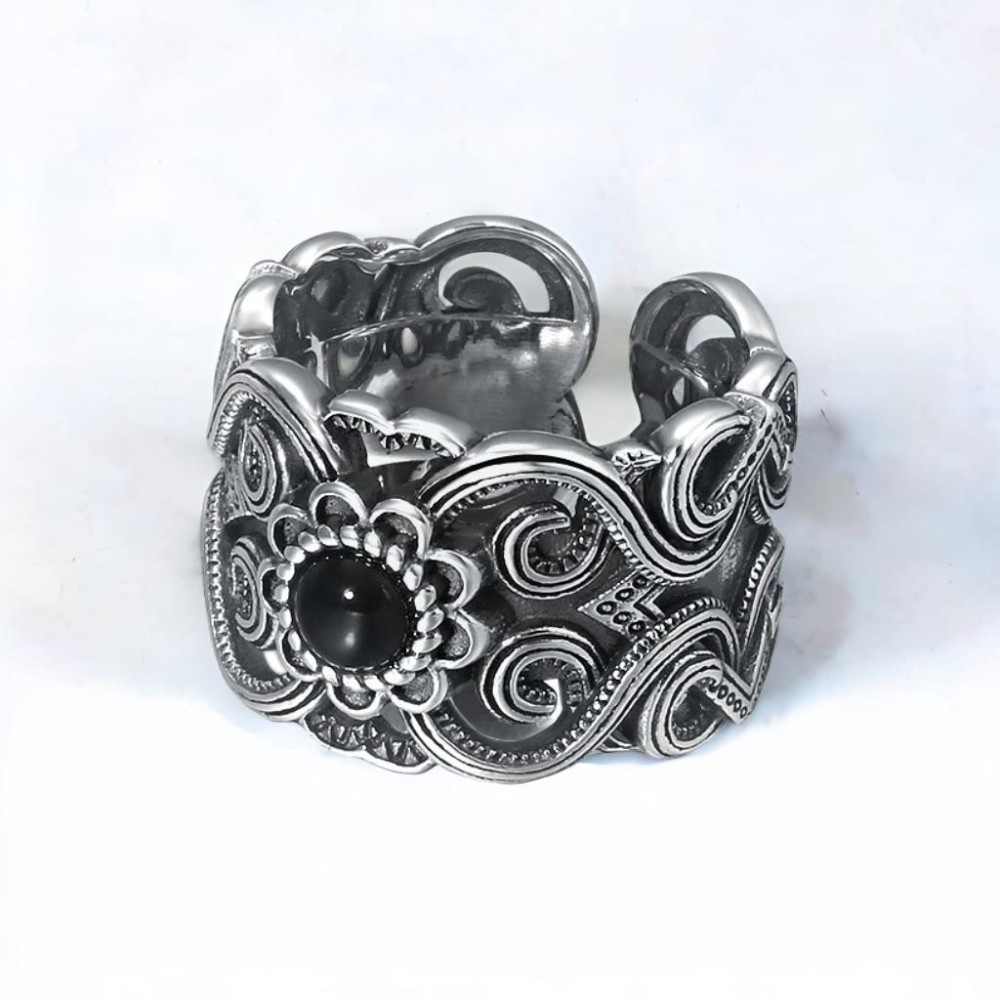 Men's Celtic Black Onyx Stone Open Signet Ring