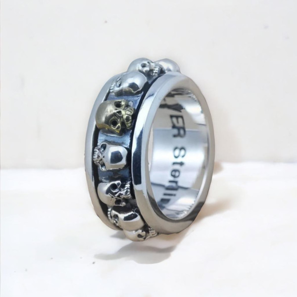 Anello da uomo in argento, anello antistress con teschio rotante