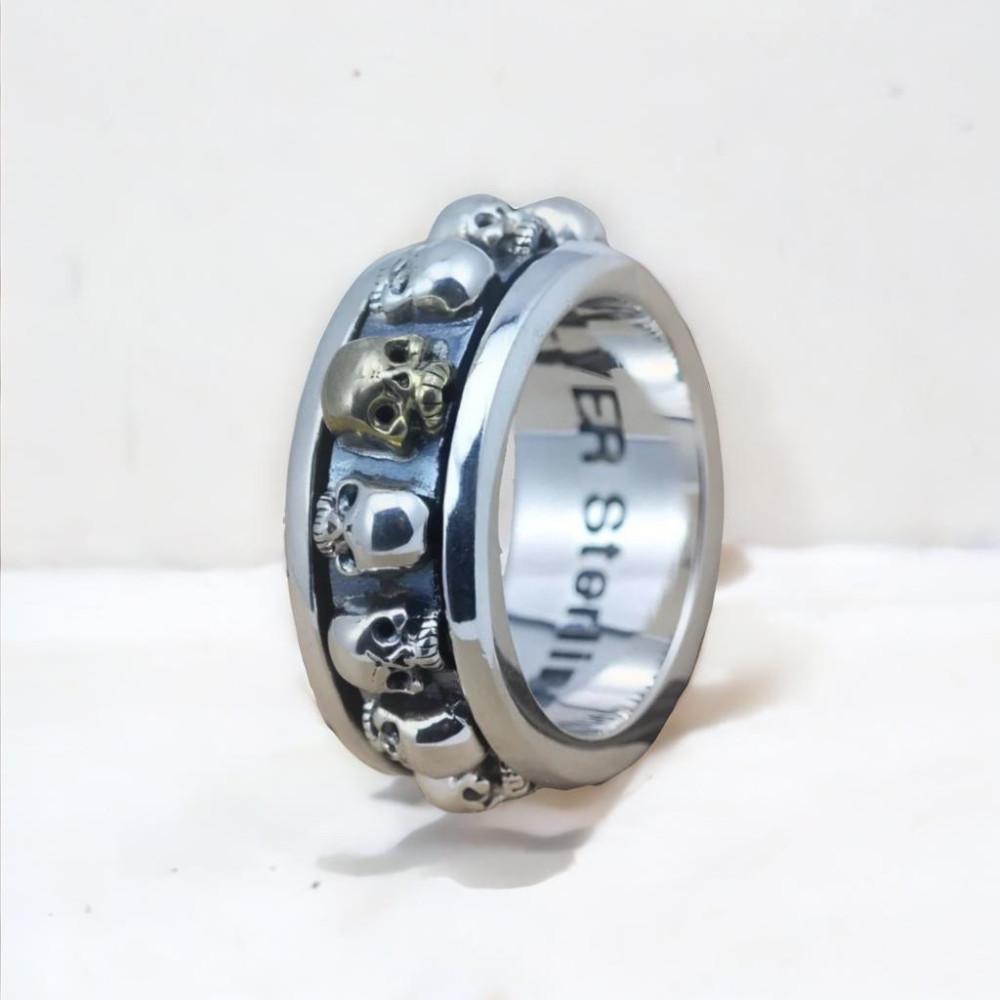 Men's Sterling Silver Spinner Skull Band RIng