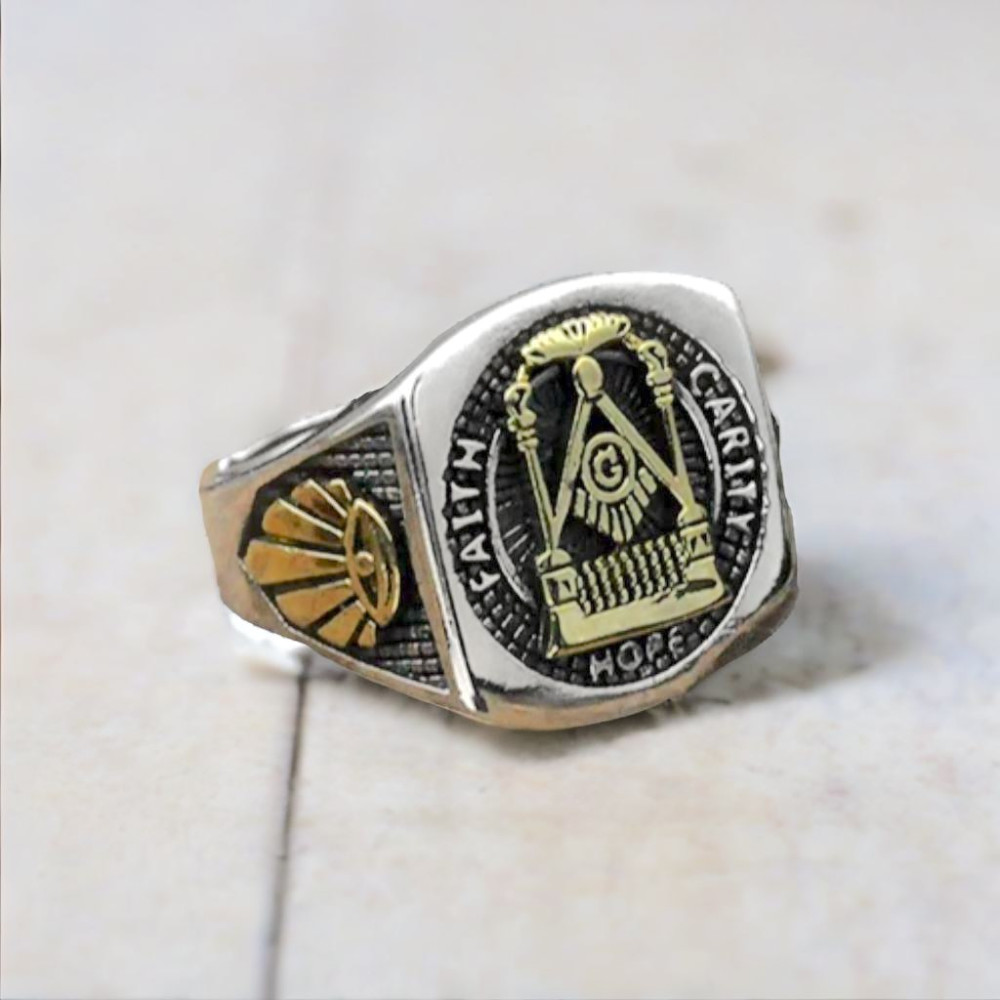 Men's Gold Plated Freemasonry Sterling Silver Signet Ring