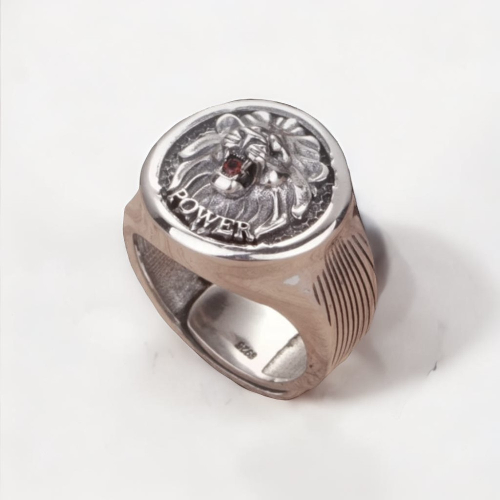 Men's Sterling Silver Lion Head Signet Open RIng