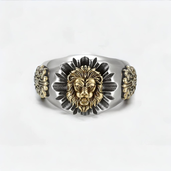 Anello cavalleresco in argento da uomo con testa di leone aperta fleur de lys