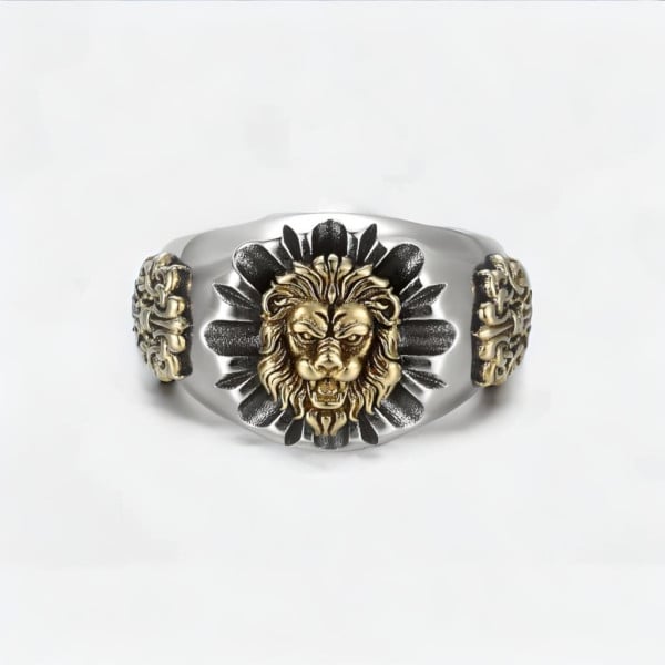 Silberner Ritterring für Herren, offener Löwenkopf, Fleur de Lys