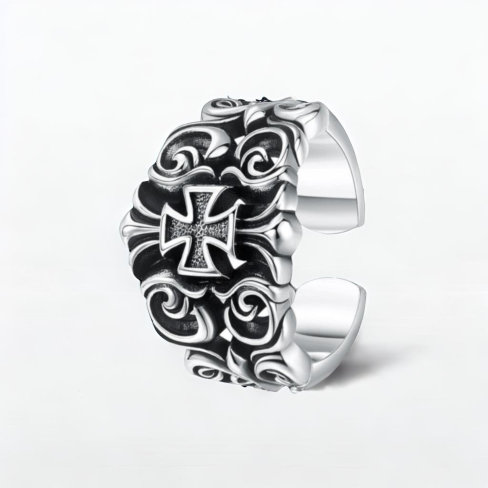 Men's Sterling Silver Adjustable Open Maltese Cross Fleur de lys Ring