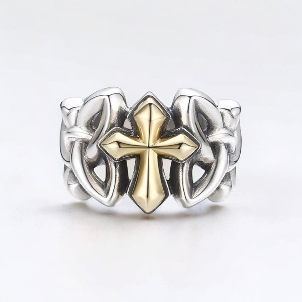 Men's Golden Cross Sterling Silver Open Signet Ring