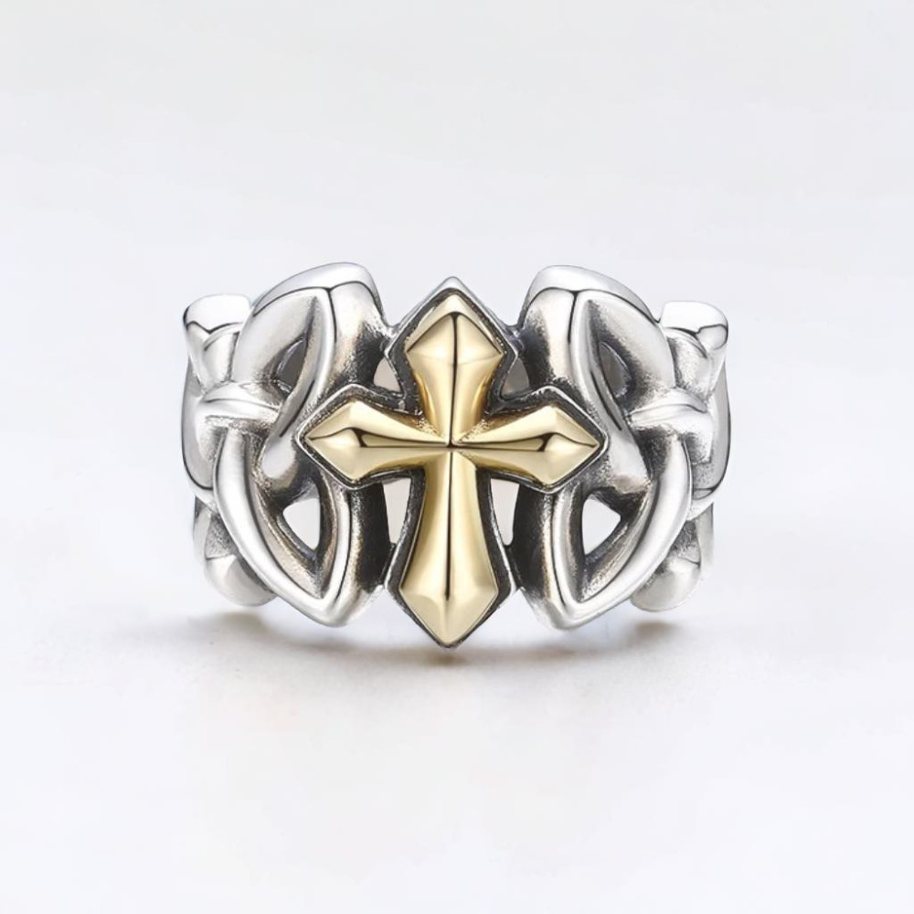 Men's Golden Cross Sterling Silver Open Signet Ring