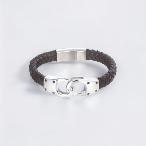 Bracciale da uomo in pelle intrecciata con manetta in acciaio