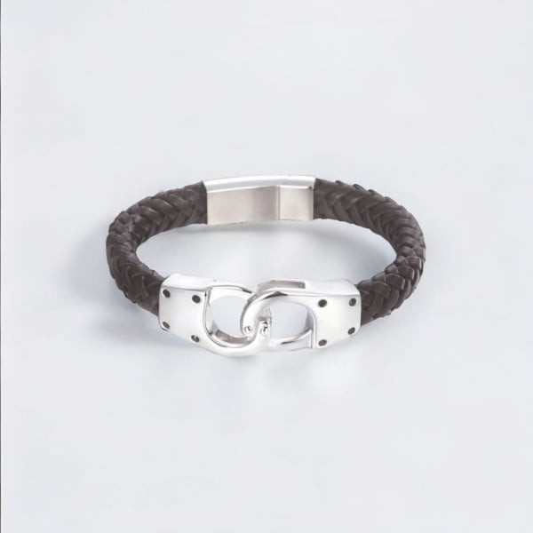 Bracelet homme cuir tresse avec menotte acier