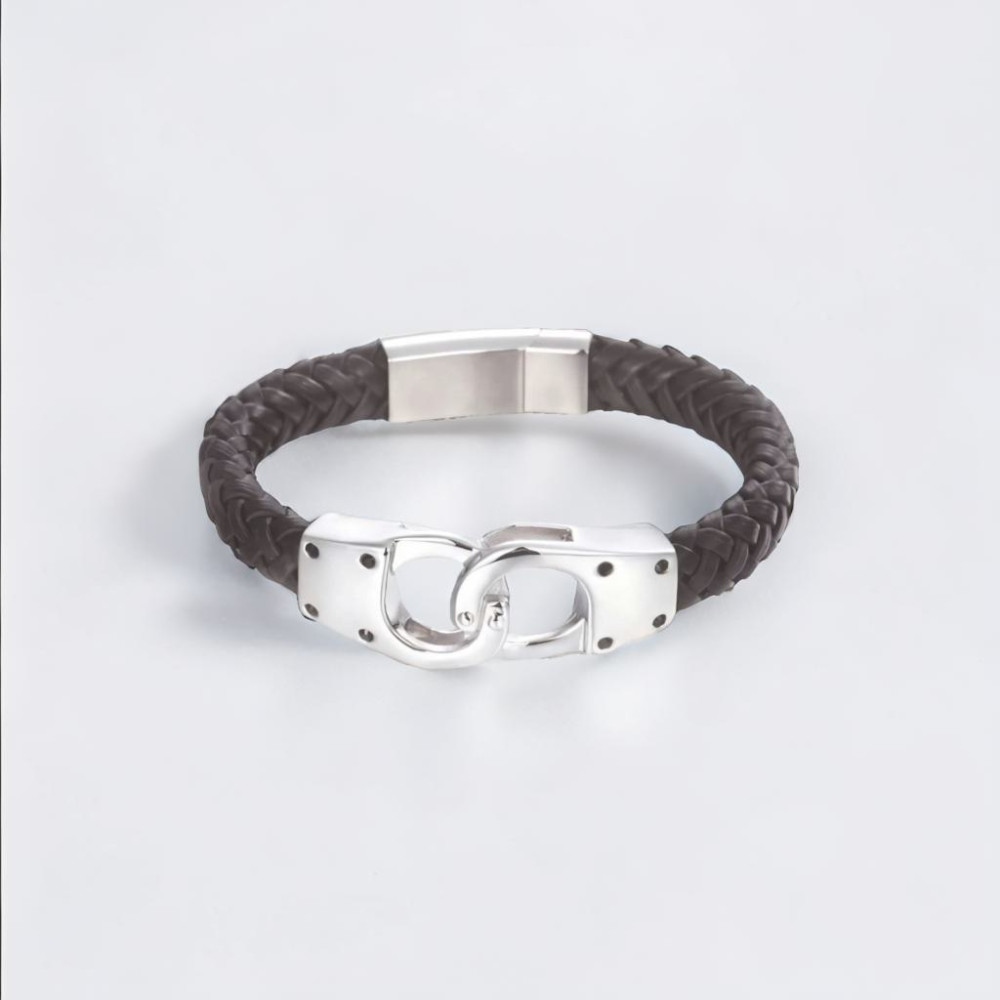 Men's Braided Leather Stainless Steel Manacle Clasp Bracelet