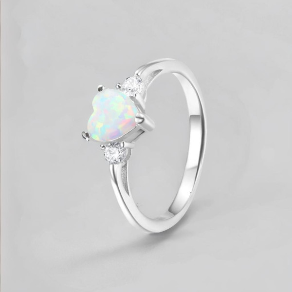 Rhodium silver opal zirconium heart ring