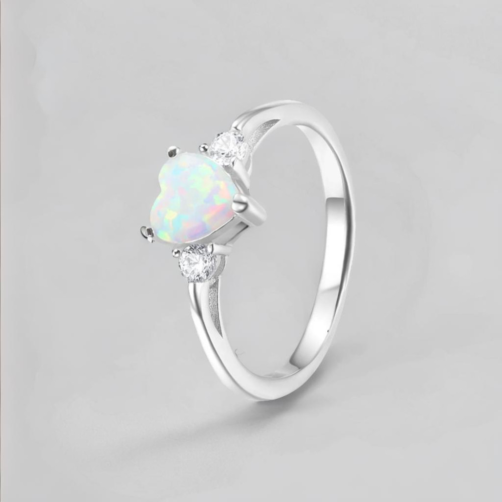 Rhodium silver opal zirconium heart ring