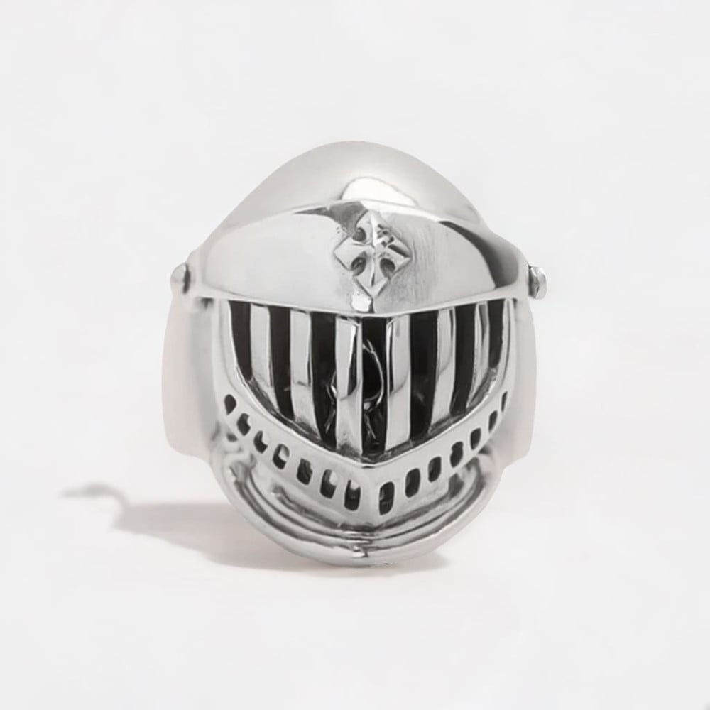 Bague argent homme casque chevalier medieval croix