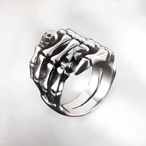 Men's silver skeleton hand Maltese cross ring
