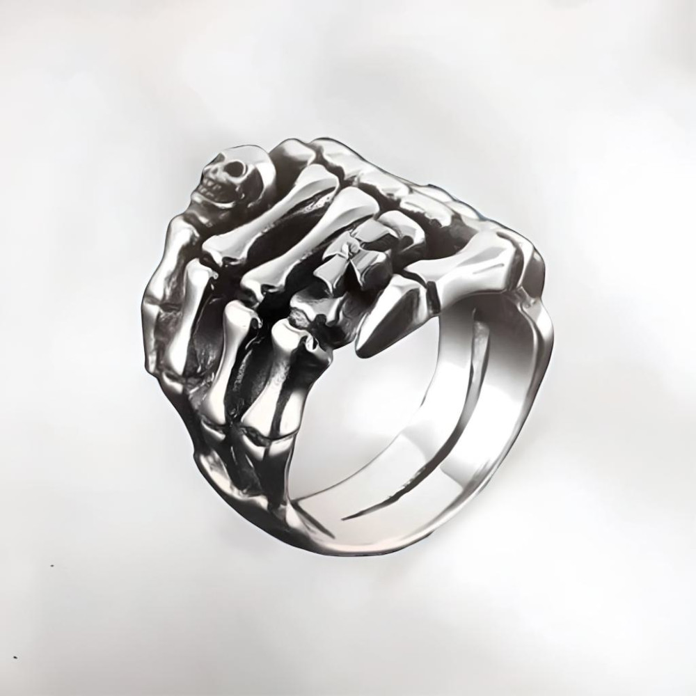 Men's silver skeleton hand Maltese cross ring
