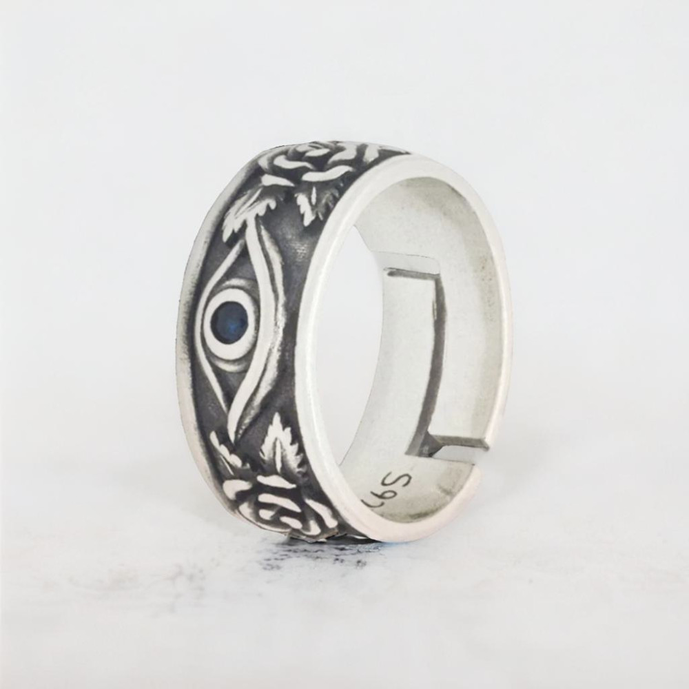 Men's open silver ring zirconia eye of god