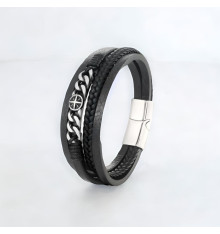 Bracciale in pelle intrecciata multicorde con chiusura a croce in acciaio