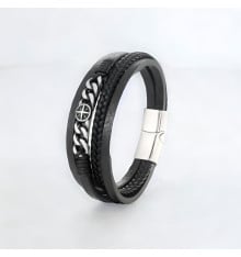Bracelet cuir tresse multi cordons croix fermoir acier