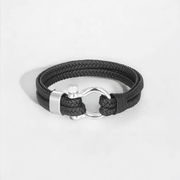Bracciale da uomo in pelle nera, cordini in acciaio, chiusura con grillo marino