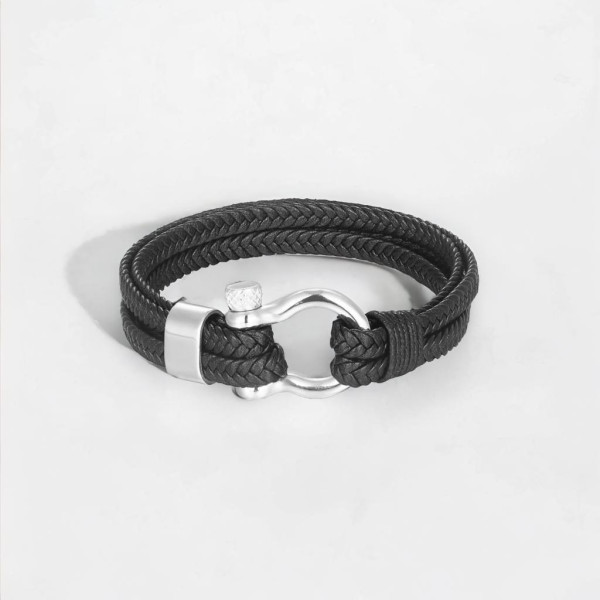 Pulsera hombre cuero cordones negros acero cierre grillete marino