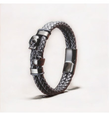 Black Black Braided Leather Bracelet Stainless Steel Skull Clasp