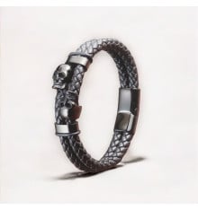 Dubbele leren herenarmband met gevlochten zwart koord en stalen schedelsluiting