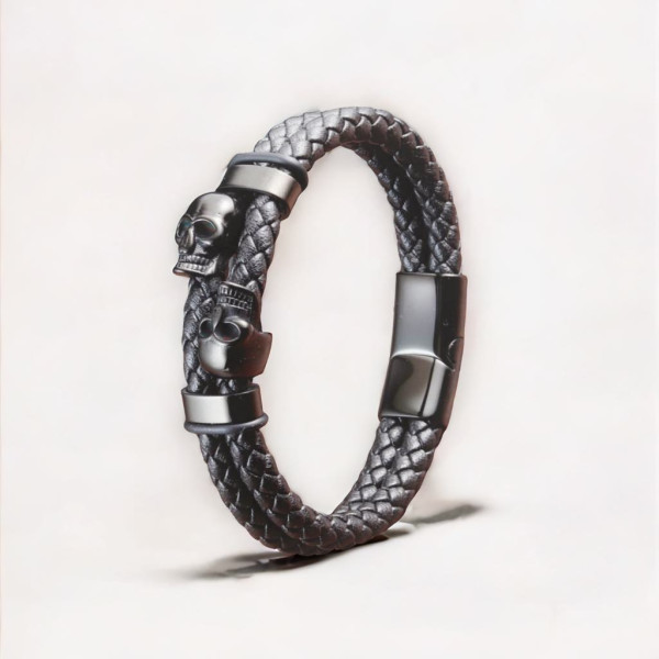 Bracelet homme cuir double cordon tresse noir fermoir tete de mort acier