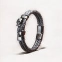 Dubbele leren herenarmband met gevlochten zwart koord en stalen schedelsluiting