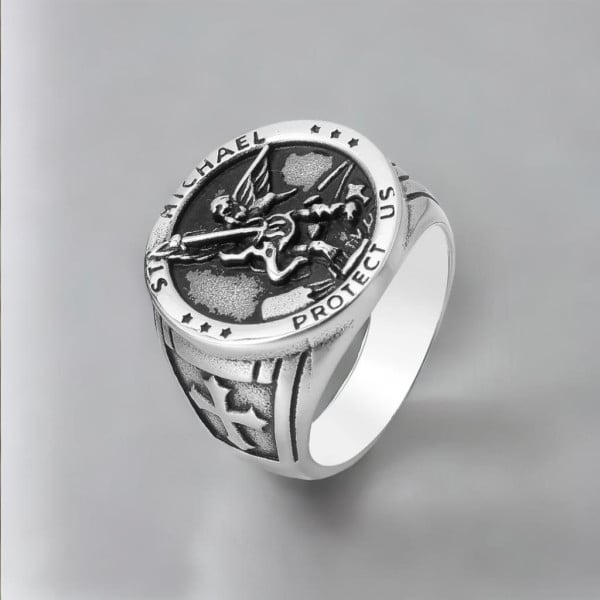 Bague homme saint michael chevaliere protection acier