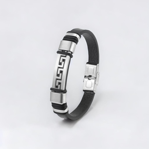 Bracelet homme cuir noir clé grecque