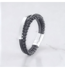 Bracciale da uomo in pelle personalizzato multilinea cordolo in acciaio