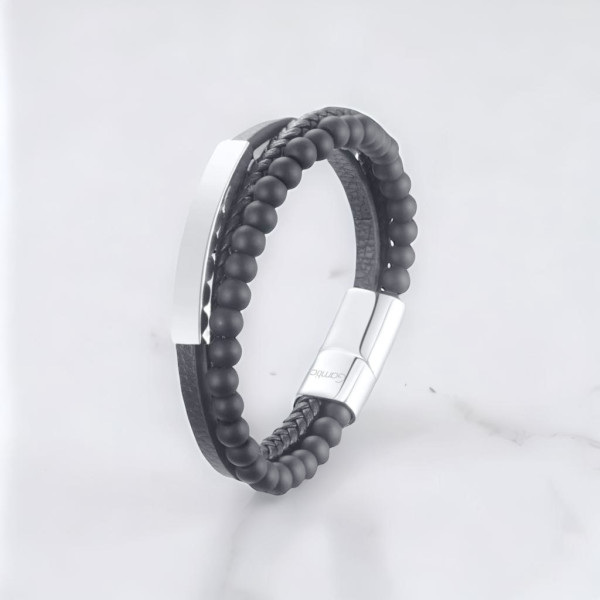 Bracciale da uomo in pelle personalizzato multilinea cordolo in acciaio