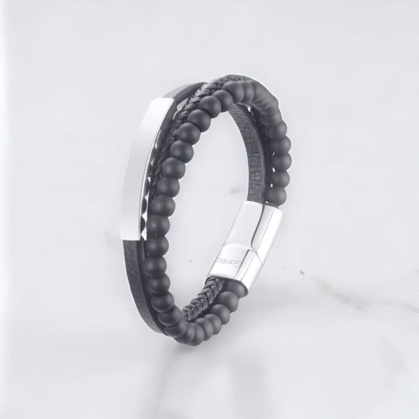 Personalized men's leather bracelet multi line steel curb