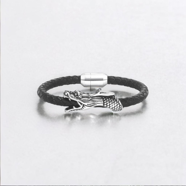Bracciale Polsino in Pelle Intrecciata Drago Acciaio Inossidabile Chiusura Magnetica