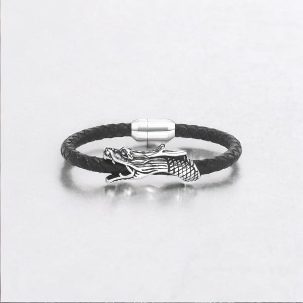 Bracelet jonc cuir tresse dragon acier fermoir magnetique