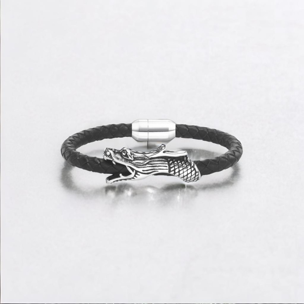 Bracciale Polsino in Pelle Intrecciata Drago Acciaio Inossidabile Chiusura Magnetica
