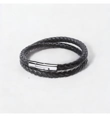 Black Braided Leather Men's Bracelet with Steel Clasp