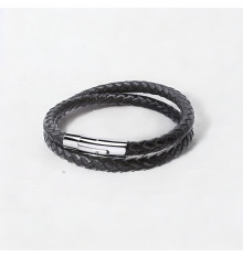 Bracelet homme cuir noir tresse fermoir acier