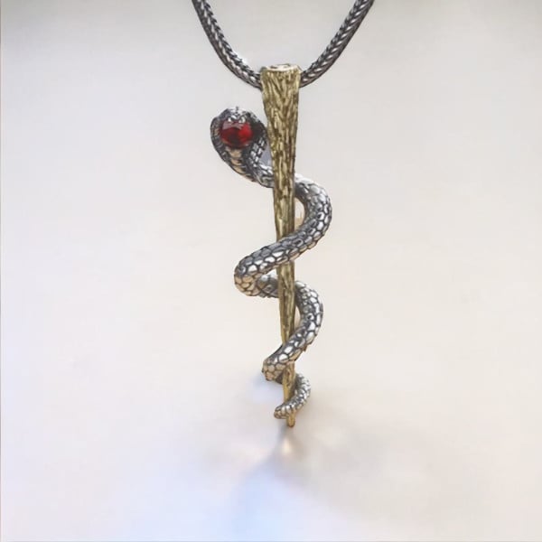 Men's silver pendant Asclepios snake stick