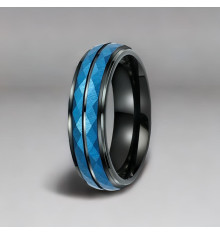 Personalized tungsten ring for men, multifaceted blue wedding ring