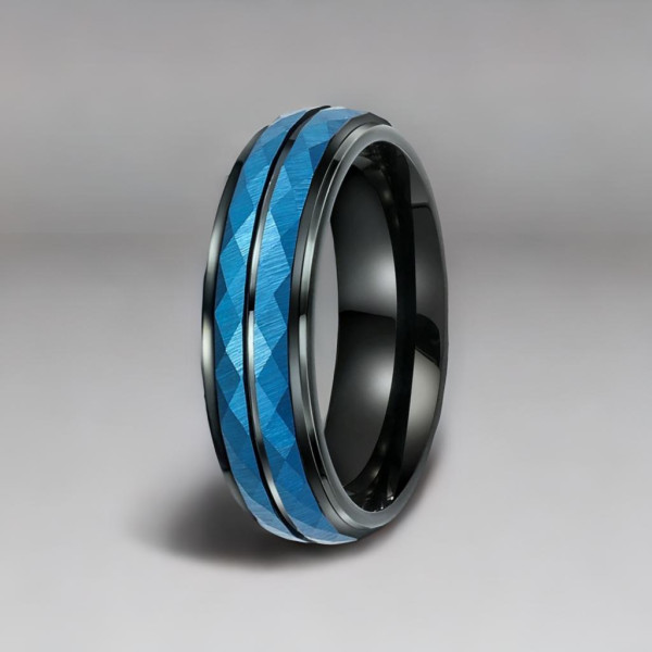 Anillo de tungsteno personalizado para hombre, alianza azul multifacética