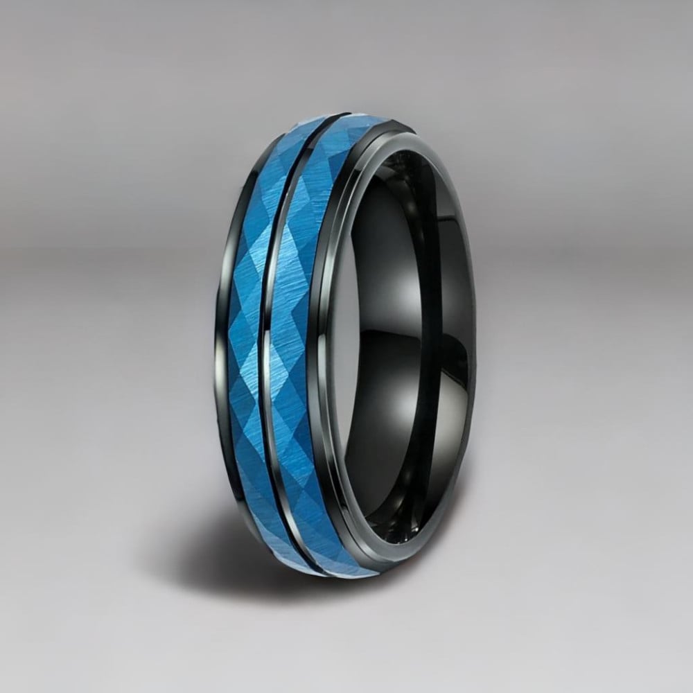 Anello in tungsteno personalizzato da uomo, alleanza blu sfaccettata