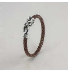 Bracelet jonc cuir tresse fermoir dragon acier