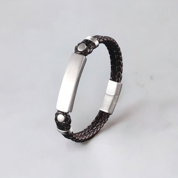 Bracelet personnalise cuir gourmette acier homme double cordon personnalisable