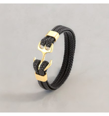 Bracelet homme cordons cuir tresse noir ancre acier