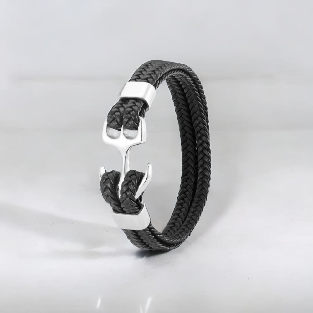 Bracelet homme cordons cuir tresse noir ancre acier
